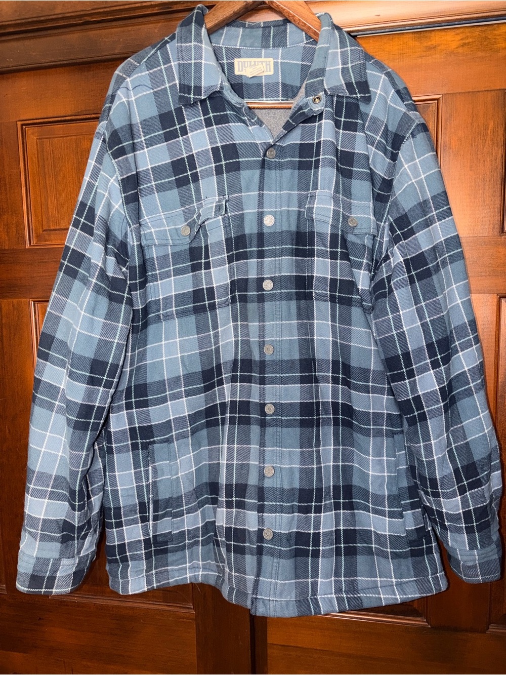 Duluth Trading Co. Men's 2XL Tall Blue Plaid Fleece-Lined Flannel Shacket Jacket